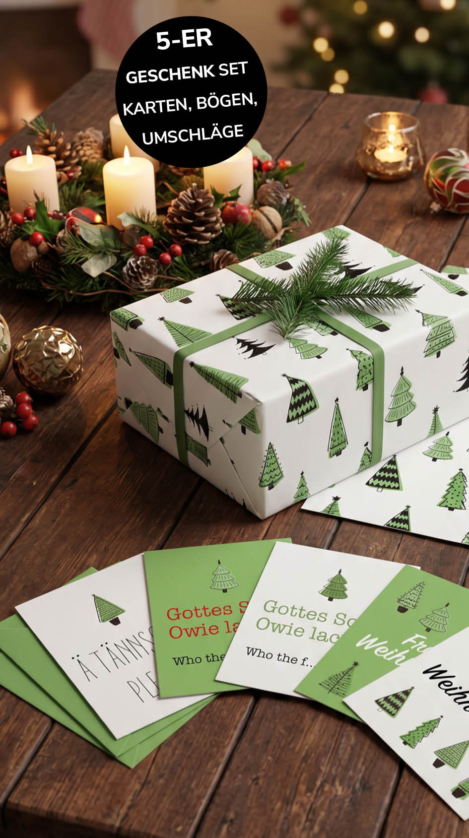 Liebevolles Geschenkpapier Weihnachten 5er Set Tannenbaum, Geschenkverpackung DIN A2, Weihnachtskarten inkl. Umschlägen